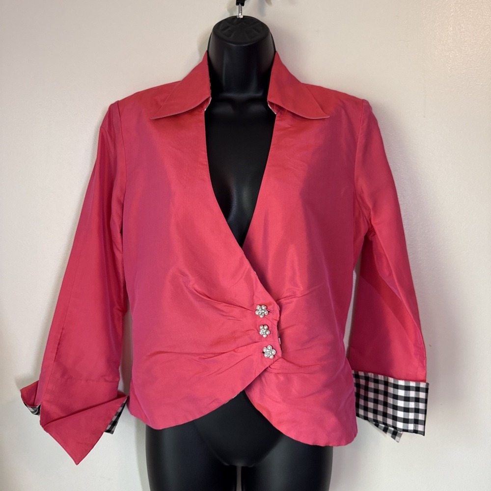 Marisa Baratelli Thai Silk Bright Pink Iridescent Rhinestone Button Front Blazer
